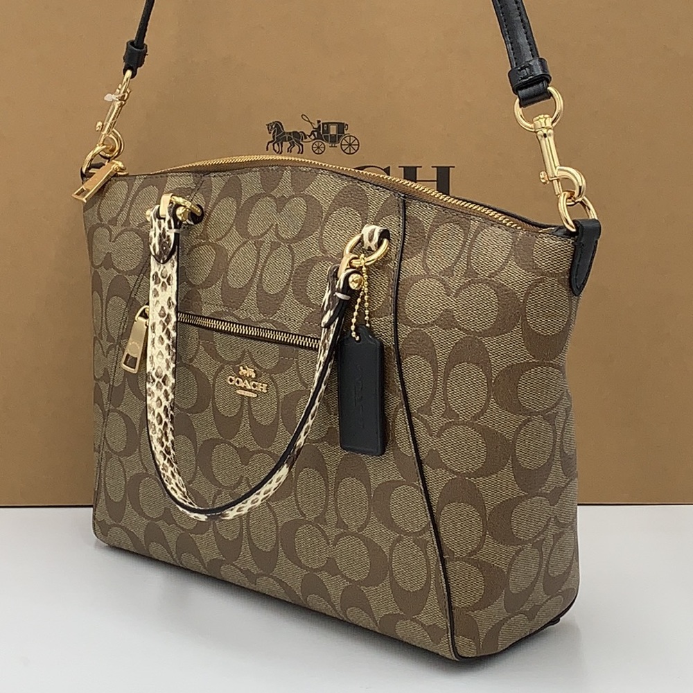 COACH Prairie Satchel / Shoulder In Colorblock Signature Canvas Khaki/Black NWT - Picture 9 of 16